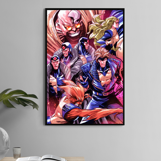 Alt Text: 11x17 print of X-Factor members battling in team pose by Ryan Pasibe