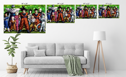 Alt: Clean, classic Dragon Ball Z character lineup – Size Chart canvas print

