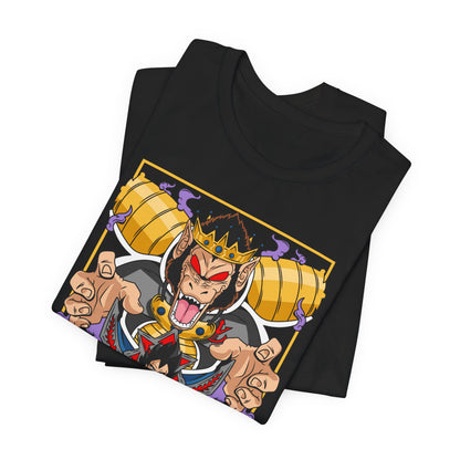 Alt: Saiyan King Throne Anime Shirt on black, back view, Dragon Ball-inspired shirt at Snapping Turtle Gallery

