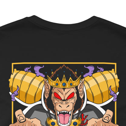 Alt: Saiyan King Throne Anime Shirt on black, flat lay display, anime fan apparel by Snapping Turtle Gallery


