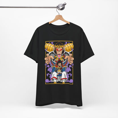 Alt: Saiyan King Throne Anime Shirt on black, lifestyle photo, anime shirt worn, Snapping Turtle Gallery

