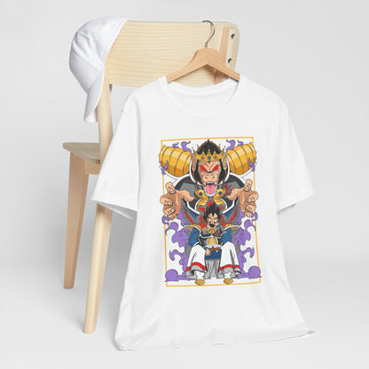 Alt: Saiyan King Throne Anime Shirt on white, back view, Dragon Ball-inspired shirt at Snapping Turtle Gallery

