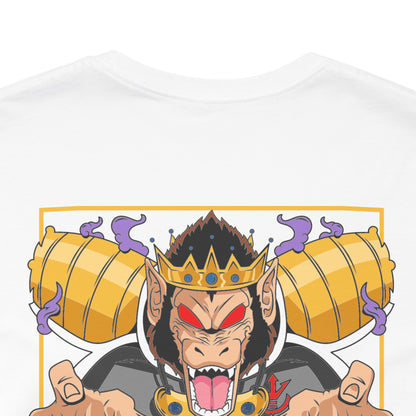 Alt: Saiyan King Throne Anime Shirt on white, flat lay display, anime fan apparel by Snapping Turtle Gallery

