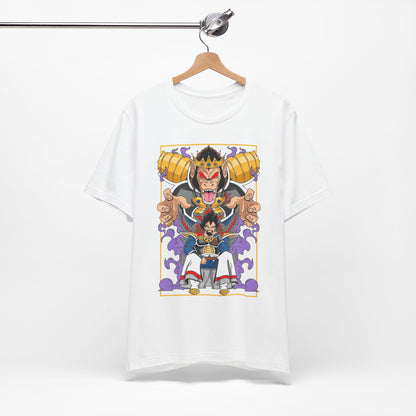 Alt: Saiyan King Throne Anime Shirt on white, lifestyle photo, anime shirt worn, Snapping Turtle Gallery


