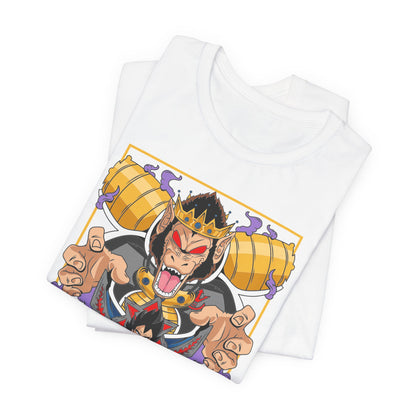 Alt: Saiyan King Throne Anime Shirt on white, side view, anime streetwear at Snapping Turtle Gallery

