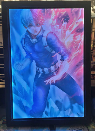 Todoroki anime art from My Hero Academia in RGB LED acrylic lightbox frame with red and blue lighting, ideal for anime collectors, Snapping Turtle Gallery.

