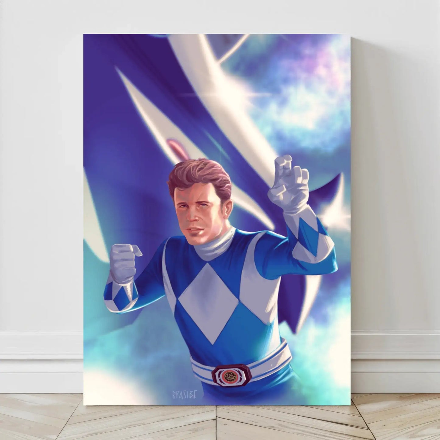 Canvas print of the Blue Ranger from Power Rangers in fighting pose with Triceratops Zord