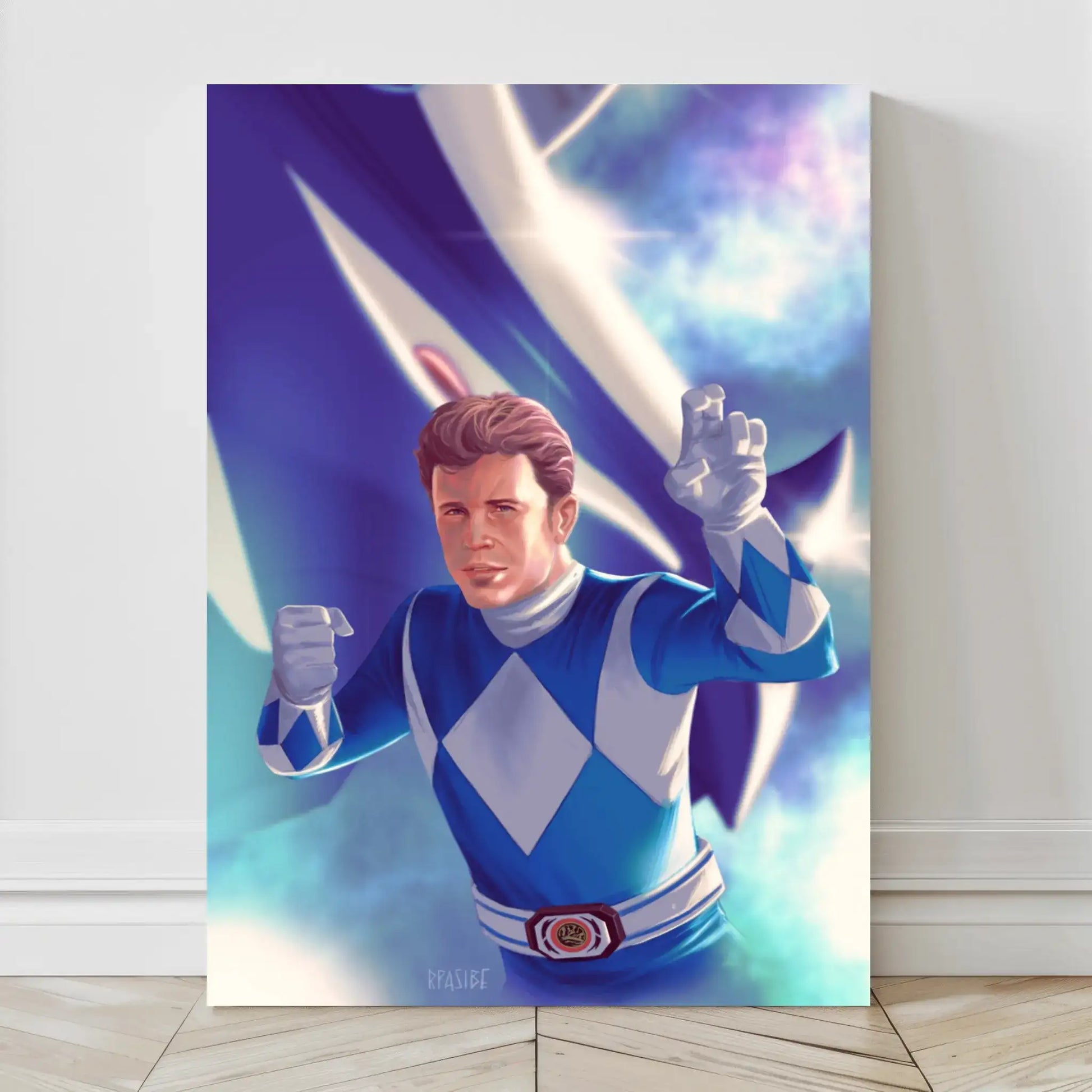 Canvas print of the Blue Ranger from Power Rangers in fighting pose with Triceratops Zord