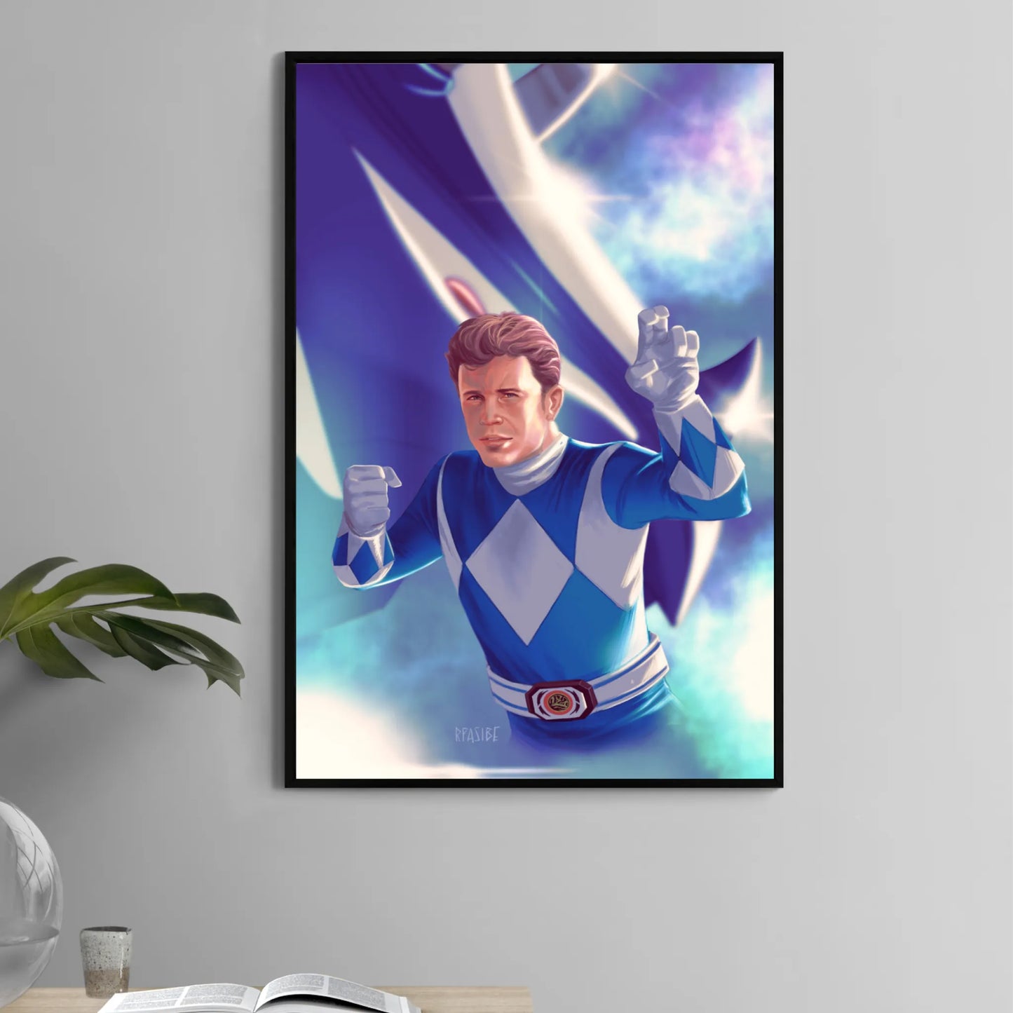  11x17 poster of Blue Ranger from Mighty Morphin Power Rangers with heroic stance and Zord