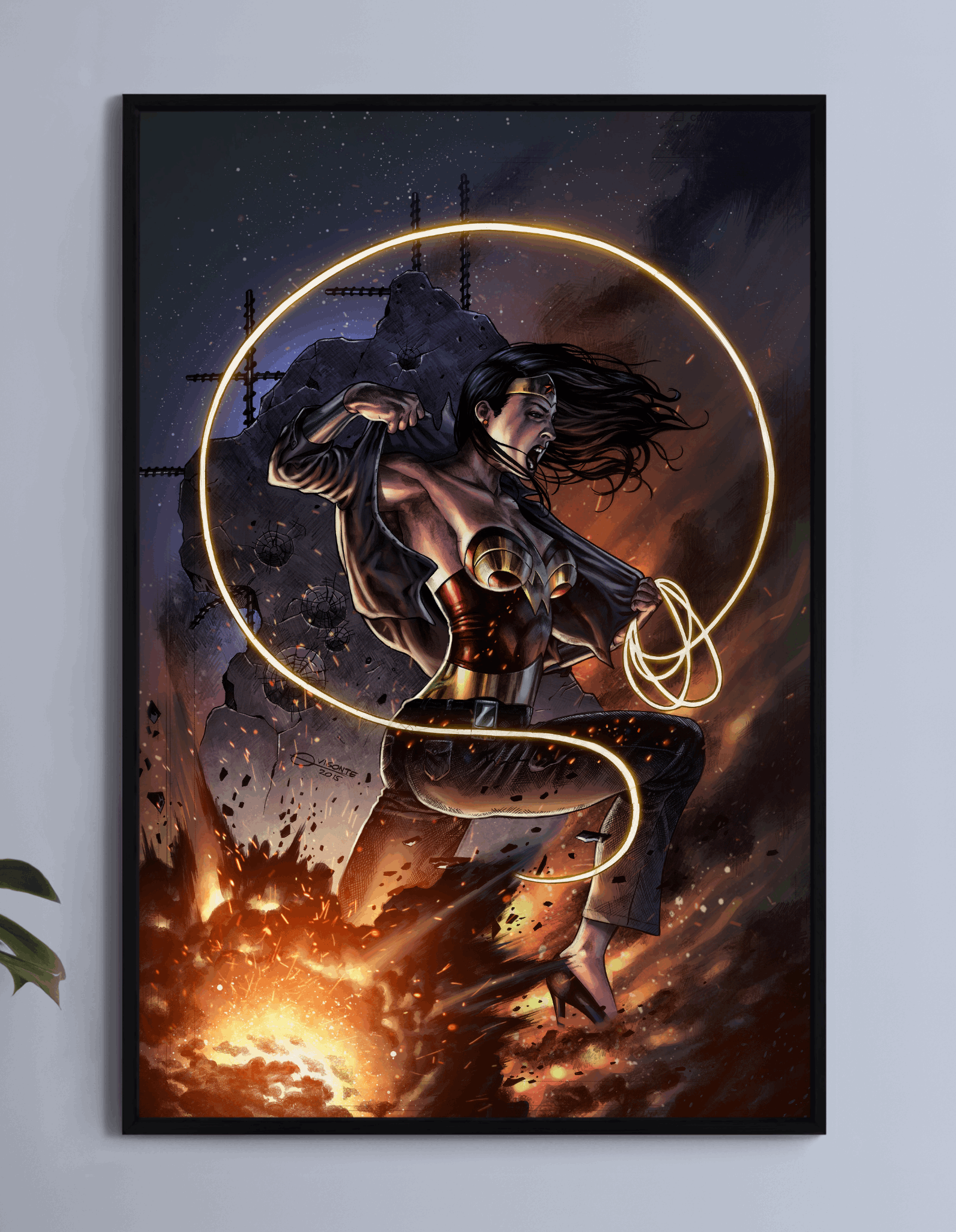 Wonder Woman transforming with glowing lasso and explosion – poster print

