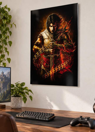 Two Thrones Divided Prince and Dark Prince metal wall art above a modern gaming desk