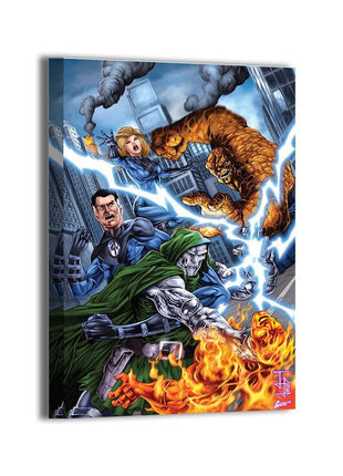 Tyrant vs First Family Acrylic print room mockup featuring Doctor Doom battling the Fantastic Four, Marvel wall art.
