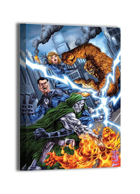 Tyrant vs First Family Acrylic print room mockup featuring Doctor Doom battling the Fantastic Four, Marvel wall art.