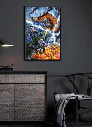 Tyrant vs First Family Canvas and Metal print room mockup featuring Doctor Doom battling the Fantastic Four, Marvel wall art.