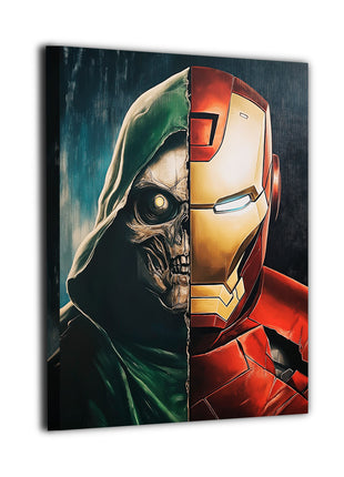 Tyrant vs Genius Acrylic print room mockup featuring Doctor Doom battling Iron Man, Marvel wall art.