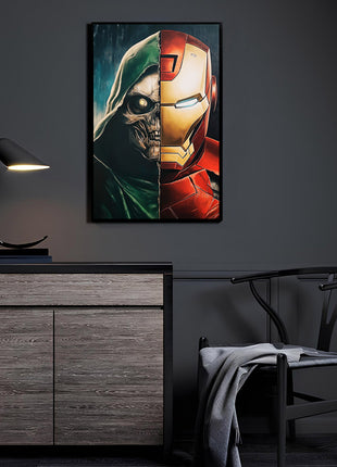 Tyrant vs Genius Canvas and Metal print room mockup featuring Doctor Doom battling Iron Man, Marvel wall art.