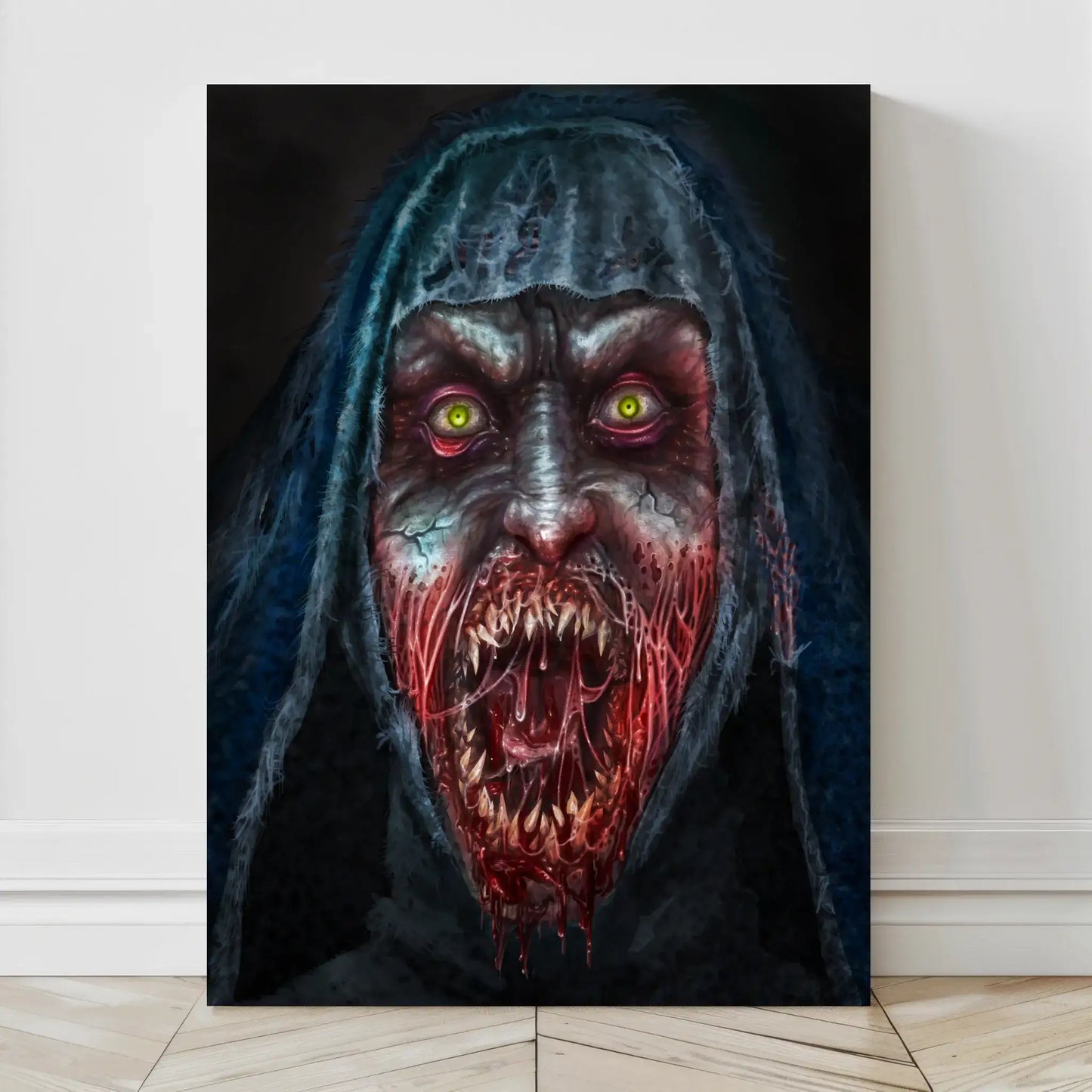 Canvas horror art of The Nun with glowing eyes and monstrous mouth by El Geron