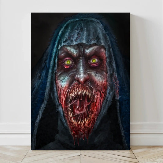 Canvas horror art of The Nun with glowing eyes and monstrous mouth by El Geron