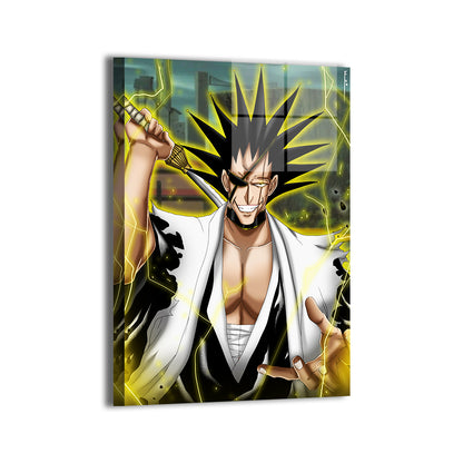 16x24 metal wall art of Kenpachi from Bleach mid-fight with energy radiating

