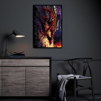 Carnage crawling down cracked city wall with tendrils – poster print


