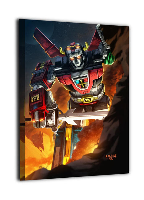 Voltron holding a bright sword across red and gray armor amid orange flames, by Ryan Pasibe and Bryan Arfel Magnaye