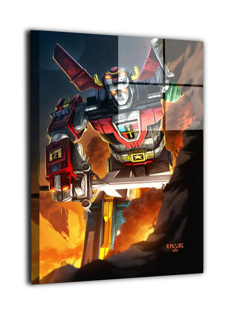 Angled reflective view of Voltron wall art, with a bright sword, red armor, orange fire, and dark smoke