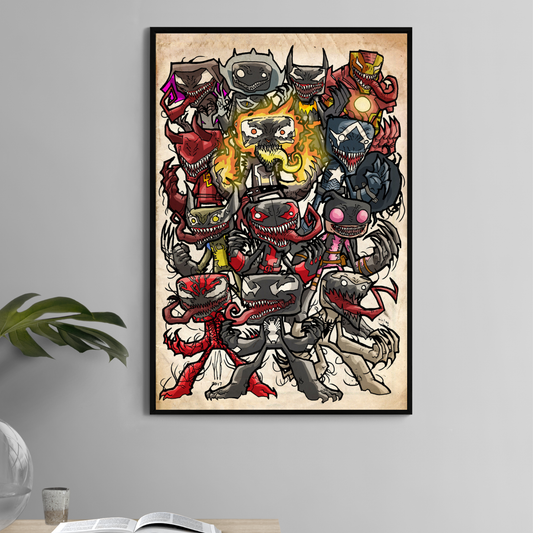 Alt Text: 11x17 print of Venomized Marvel heroes in chibi format by Jeff Benitez