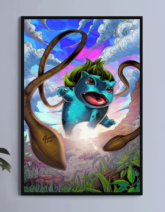 Bulbasaur charging through jungle in bright vine-filled scene, 11x17 Pokémon art