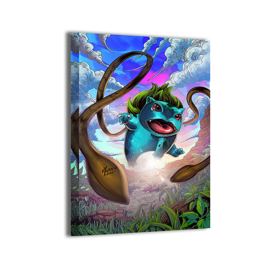 24x36 canvas of Pokémon Bulbasaur in lush, action-packed forest setting