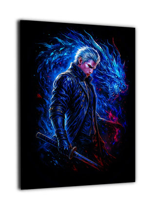 Dark Slayer's Judgment canvas wall art showing Vergil in profile with Yamato held at his side