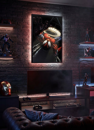 Spider-Man Wall Crawler wall art displayed in a Marvel gaming room