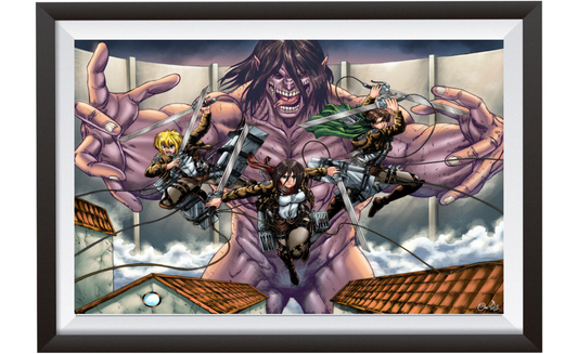 11x17 poster print of Attack on Titan scene with Mikasa, Levi, Armin, and Eren’s Titan form

