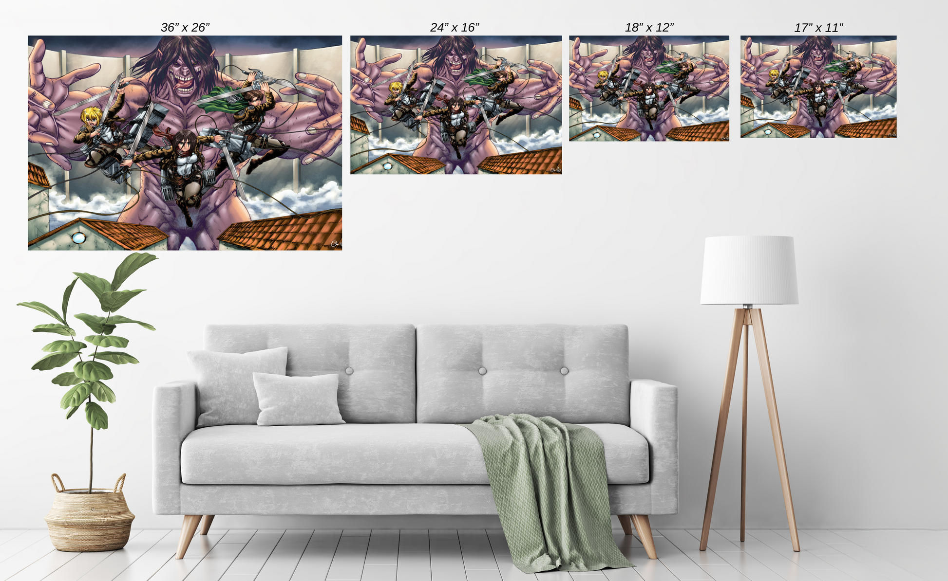 Size Chart poster print of Attack on Titan scene with Mikasa, Levi, Armin, and Eren’s Titan form

