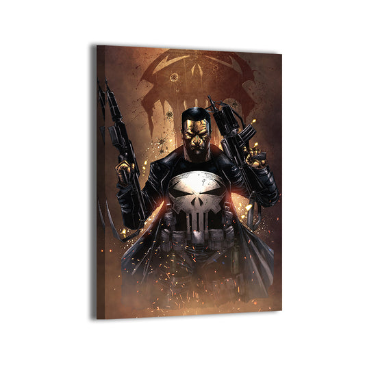 Canvas print of Frank Castle holding guns, with sparks flying and skull logo glowing  

