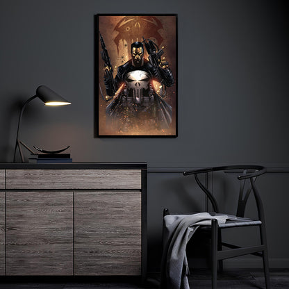 print of Frank Castle holding guns, with sparks flying and skull logo glowing