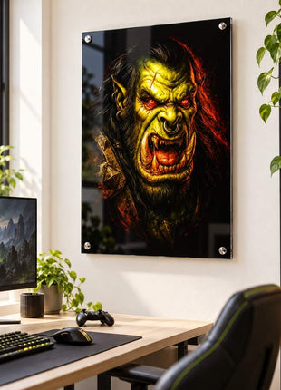 Warchief's Fury orc acrylic wall art in a bright gaming office