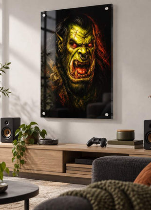 Warchief's Fury orc acrylic wall art in a modern media lounge