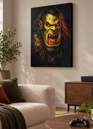 Warchief's Fury orc canvas wall art in a cozy gaming lounge