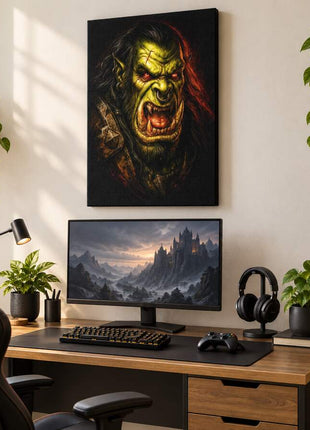Warchief's Fury orc canvas wall art in a bright gaming room