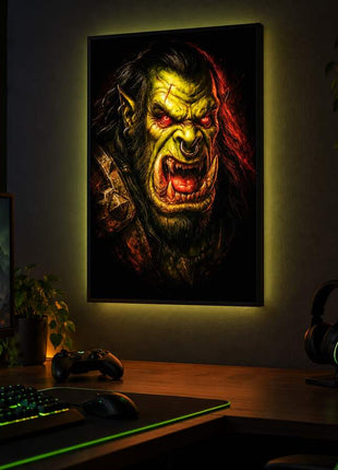 Warchief's Fury orc LED lightbox wall art glowing in a dark gaming room