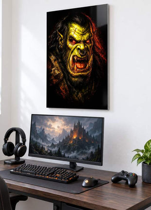 Warchief's Fury orc metal wall art above a modern gaming desk