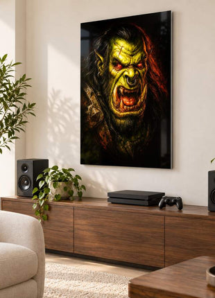 Warchief's Fury orc metal wall art in a bright media room