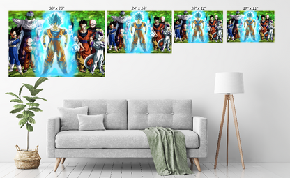 Universe 7 warriors standing unified with Goku at the center – 24x36 canvas