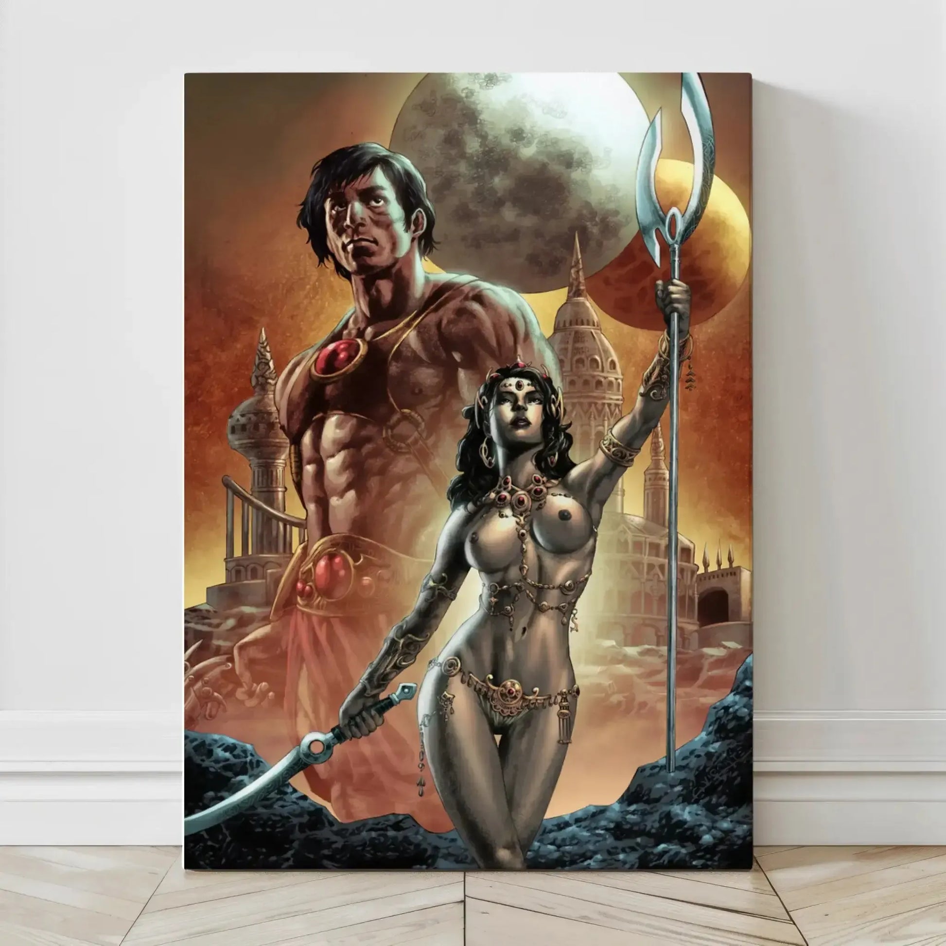  Canvas artwork of Dejah Thoris and John Carter with Martian moons and temples in background