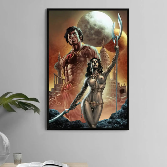11x17 fantasy poster featuring Dejah Thoris and John Carter with moons and palace