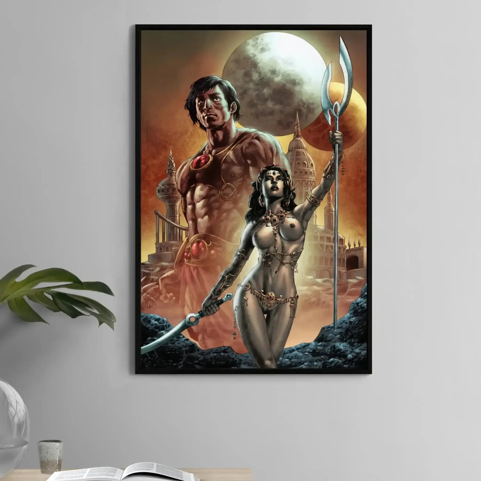 11x17 fantasy poster featuring Dejah Thoris and John Carter with moons and palace