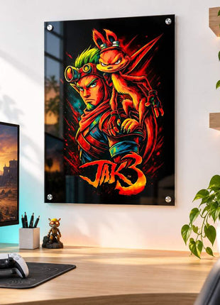 Wasteland Hero Awakened Jak and Daxter acrylic wall art in a bright gaming office