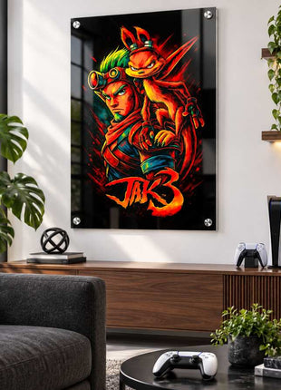 Wasteland Hero Awakened Jak and Daxter acrylic wall art in a modern media lounge