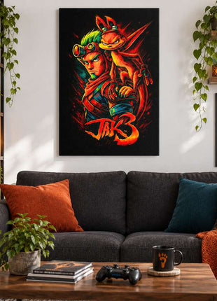 Wasteland Hero Awakened Jak and Daxter canvas wall art in a cozy gaming lounge
