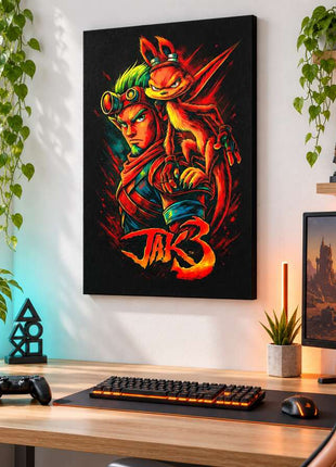 Wasteland Hero Awakened Jak and Daxter canvas wall art in a bright gaming room